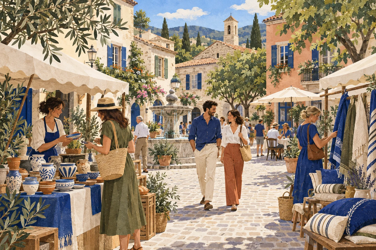 Illustration of people browsing shops and market stalls in a European town square