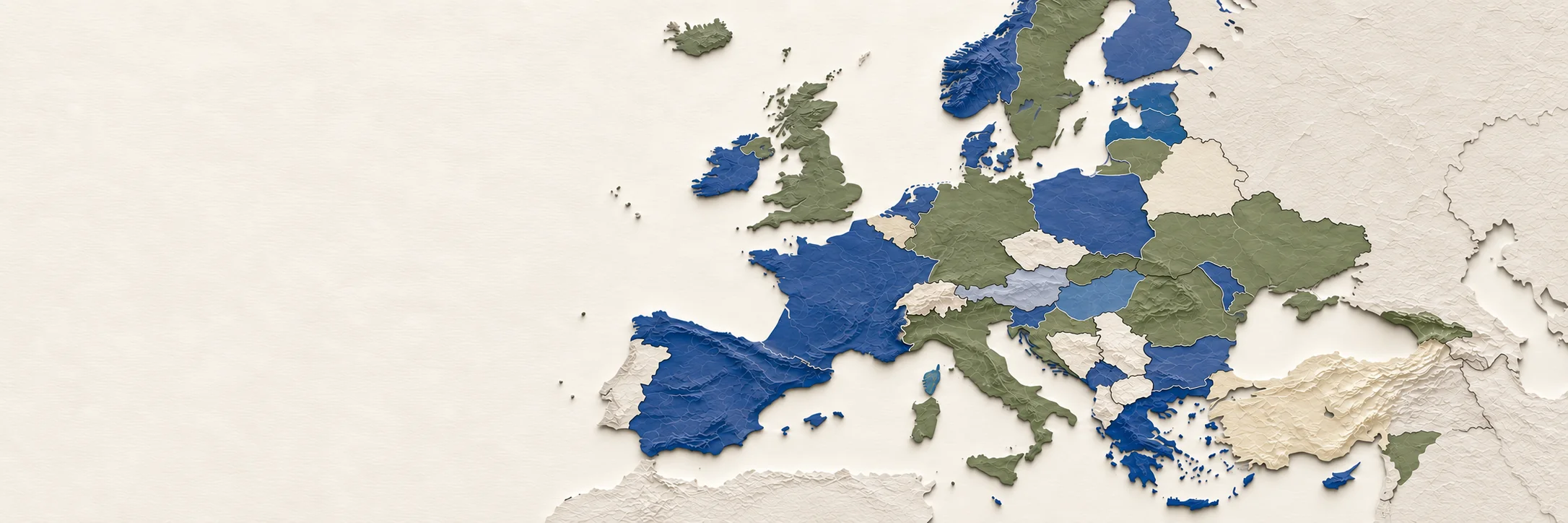 Stylised illustration of Europe in blue, olive and ivory